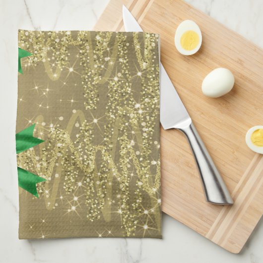 Christmas Sparkling Trees Gold Faux Green Bow Geschirrtuch (Viertel Falte)