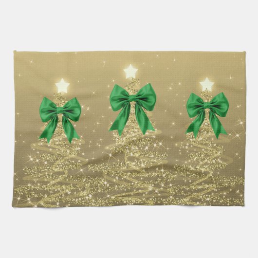 Christmas Sparkling Trees Gold Faux Green Bow Geschirrtuch (Horizontal)