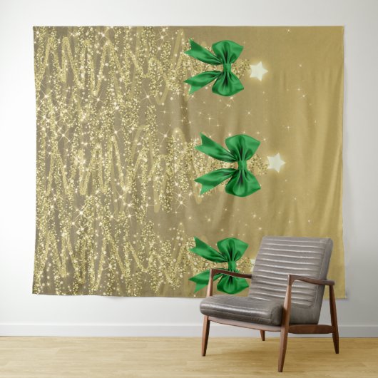 Christmas Sparkling Trees Gold Faux Green Bow Wandteppich (Beispiel (Horizontal))