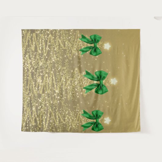 Christmas Sparkling Trees Gold Faux Green Bow Wandteppich (Vorderseite (Horizontal))
