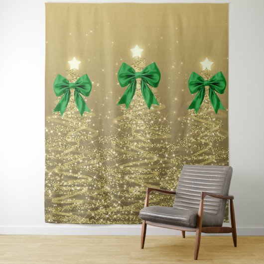 Christmas Sparkling Trees Gold Faux Green Bow Wandteppich (Beispiel)