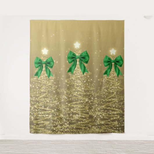 Christmas Sparkling Trees Gold Faux Green Bow Wandteppich (Vorderseite)