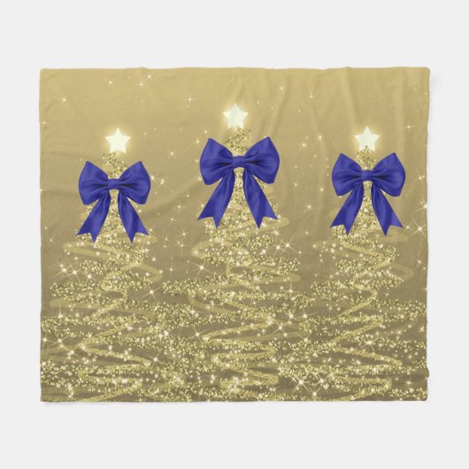 Christmas Sparkling Trees Gold Faux Navy Bow Fleecedecke (Vorderseite (Horizontal))