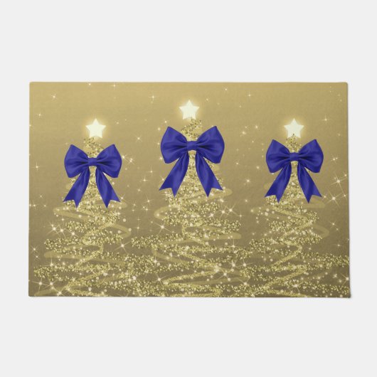 Christmas Sparkling Trees Gold Faux Navy Bow Fußmatte (Vorderseite)