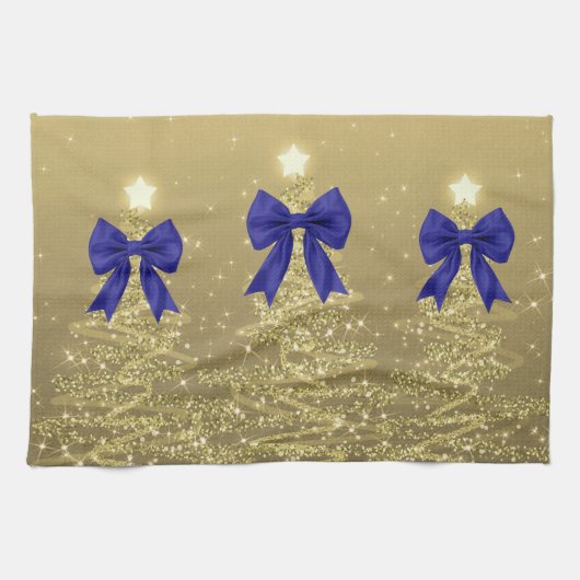 Christmas Sparkling Trees Gold Faux Navy Bow Geschirrtuch (Horizontal)