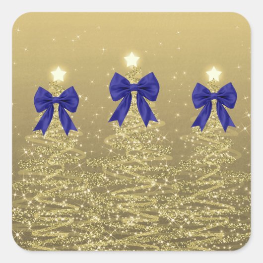Christmas Sparkling Trees Gold Faux Navy Bow Quadratischer Aufkleber (Vorderseite)