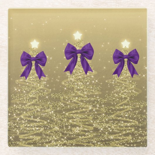 Christmas Sparkling Trees Gold Faux Purple Bow Glasuntersetzer (Vorderseite)
