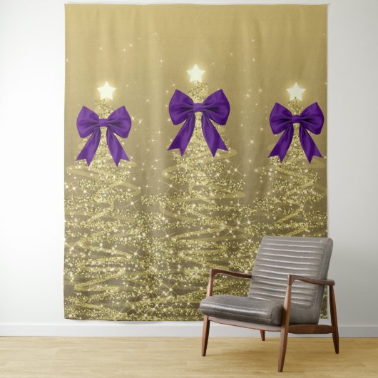 Christmas Sparkling Trees Gold Faux Purple Bow Wandteppich (Beispiel)