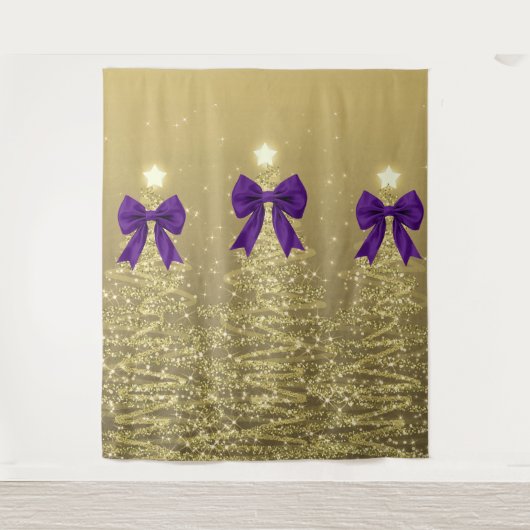 Christmas Sparkling Trees Gold Faux Purple Bow Wandteppich (Vorderseite)