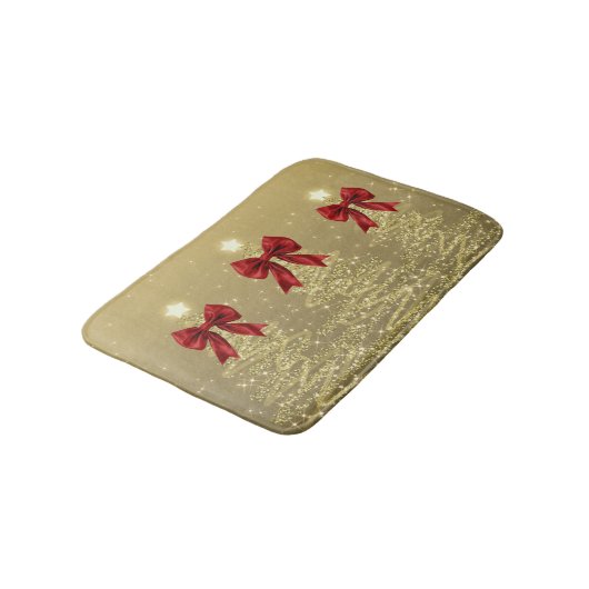 Christmas Sparkling Trees Gold Faux Red Bow Badematte (Schrägansicht)
