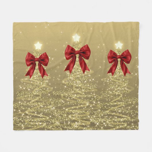 Christmas Sparkling Trees Gold Faux Red Bow Fleecedecke (Vorderseite (Horizontal))