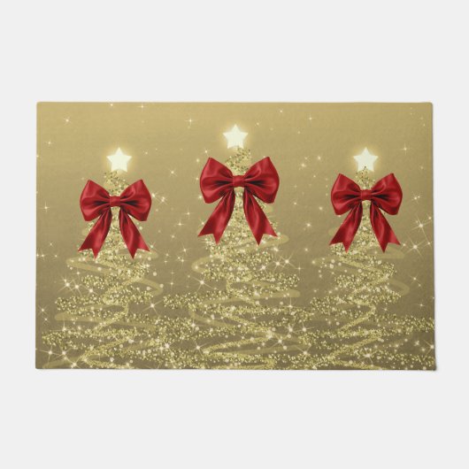 Christmas Sparkling Trees Gold Faux Red Bow Fußmatte (Vorderseite)