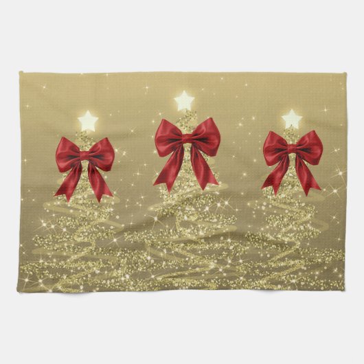 Christmas Sparkling Trees Gold Faux Red Bow Geschirrtuch (Horizontal)