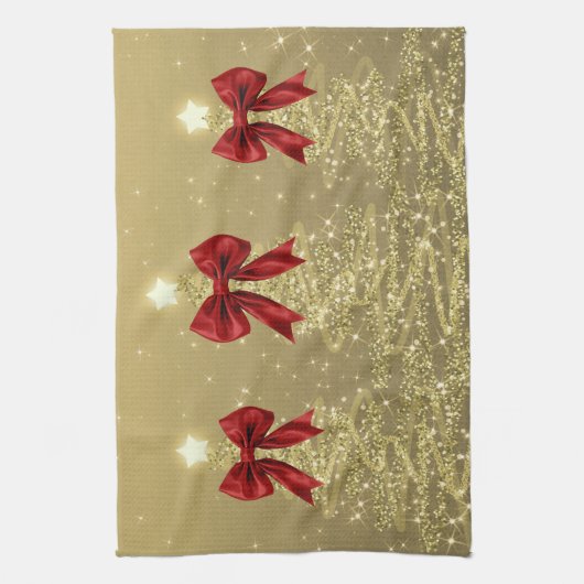 Christmas Sparkling Trees Gold Faux Red Bow  Geschirrtuch (Vertikal)