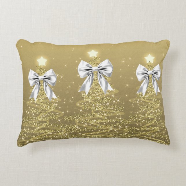 Christmas Sparkling Trees Gold Faux Silver Bow  Dekokissen (Vorderseite)