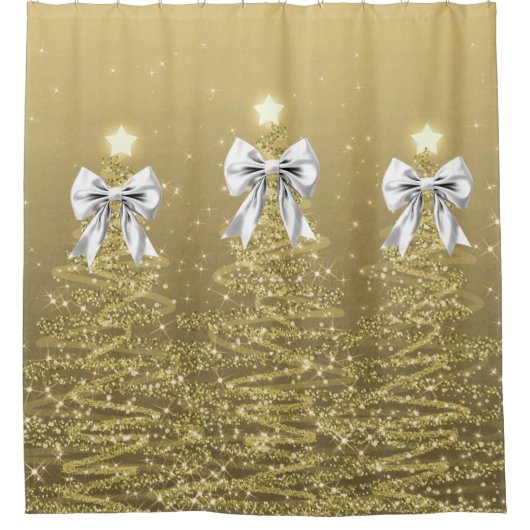 Christmas Sparkling Trees Gold Faux Silver Bow Duschvorhang (Vorderseite)