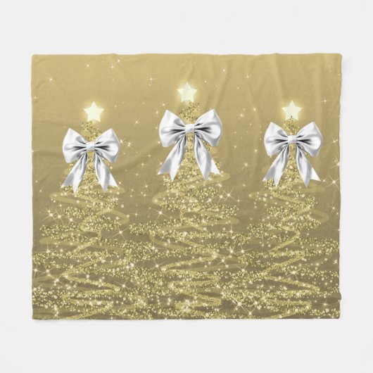 Christmas Sparkling Trees Gold Faux Silver Bow Fleecedecke (Vorderseite (Horizontal))
