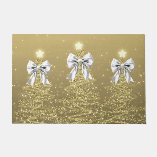 Christmas Sparkling Trees Gold Faux Silver Bow  Fußmatte (Vorderseite)
