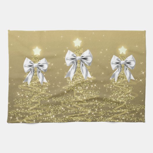 Christmas Sparkling Trees Gold Faux Silver Bow Geschirrtuch (Horizontal)