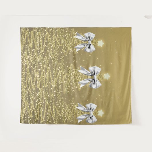 Christmas Sparkling Trees Gold Faux Silver Bow  Wandteppich (Vorderseite (Horizontal))