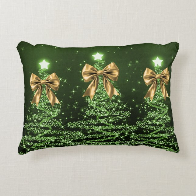 Christmas Sparkling Trees Green Faux Gold Bow  Dekokissen (Vorderseite)