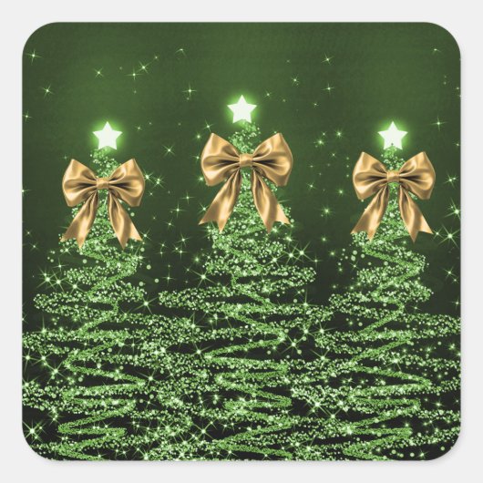 Christmas Sparkling Trees Green Faux Gold Bow  Quadratischer Aufkleber (Vorderseite)