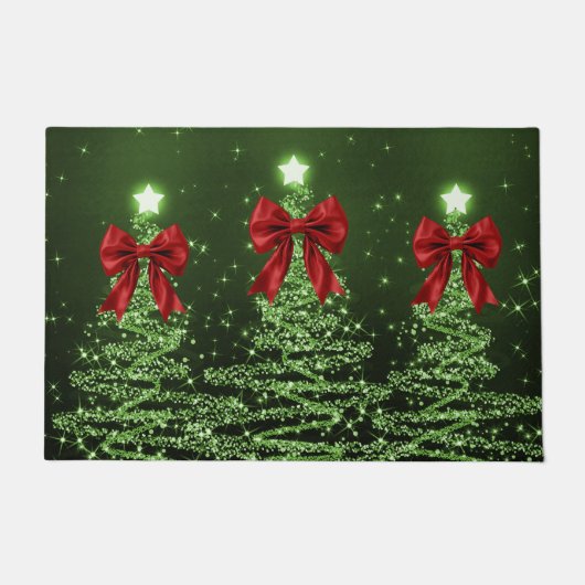 Christmas Sparkling Trees Green Faux Red Bow Fußmatte (Vorderseite)