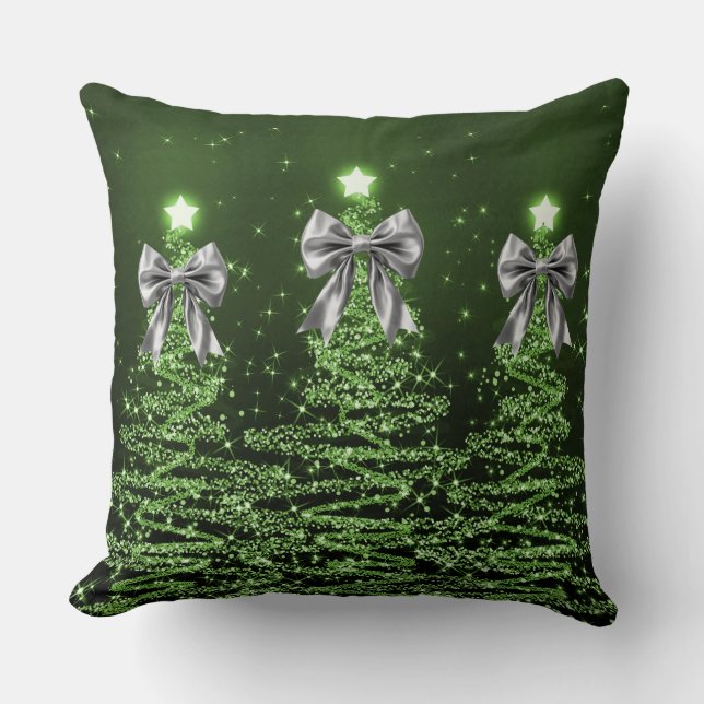 Christmas Sparkling Trees Green Faux Silver Bow  Kissen (Vorderseite)