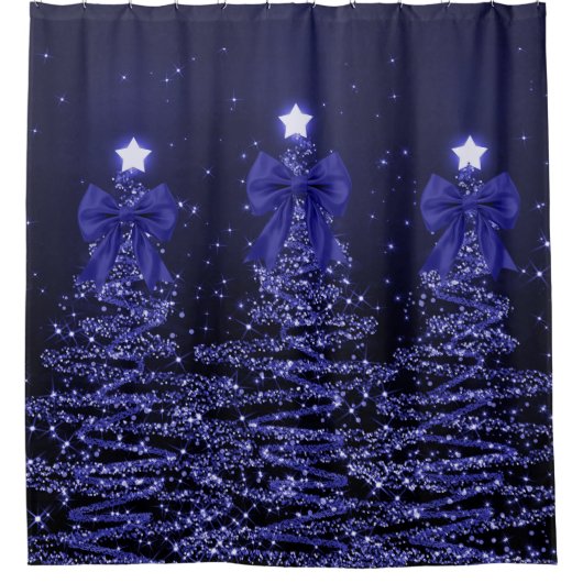 Christmas Sparkling Trees Navy Blue Faux Bow Duschvorhang (Vorderseite)