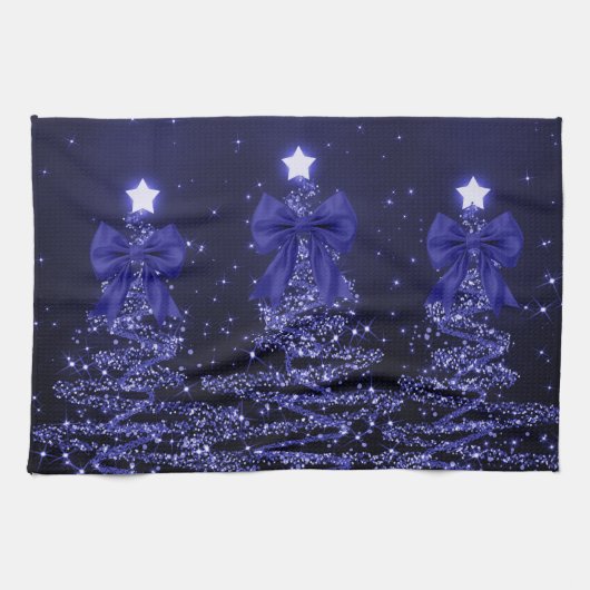 Christmas Sparkling Trees Navy Blue Faux Bow Geschirrtuch (Horizontal)