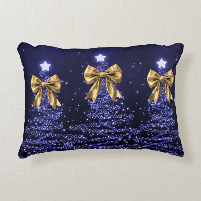 Christmas Sparkling Trees Navy Blue Faux Gold Bow  Dekokissen (Vorderseite)