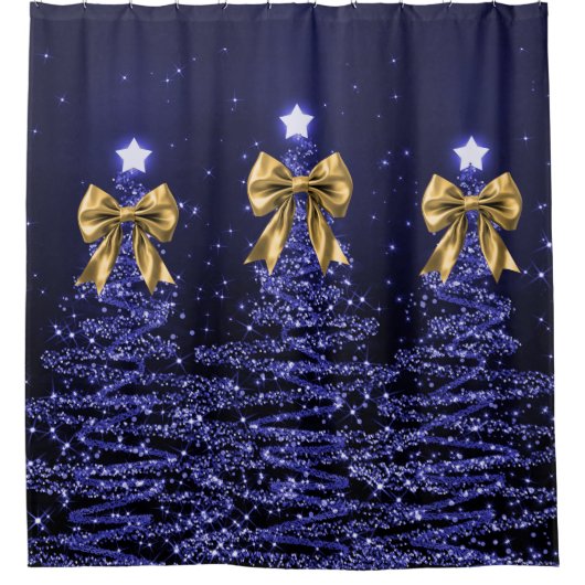 Christmas Sparkling Trees Navy Blue Faux Gold Bow Duschvorhang (Vorderseite)