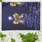 Christmas Sparkling Trees Navy Blue Faux Gold Bow  Geschirrtuch (Gefaltet)