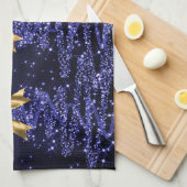 Christmas Sparkling Trees Navy Blue Faux Gold Bow Geschirrtuch (Viertel Falte)