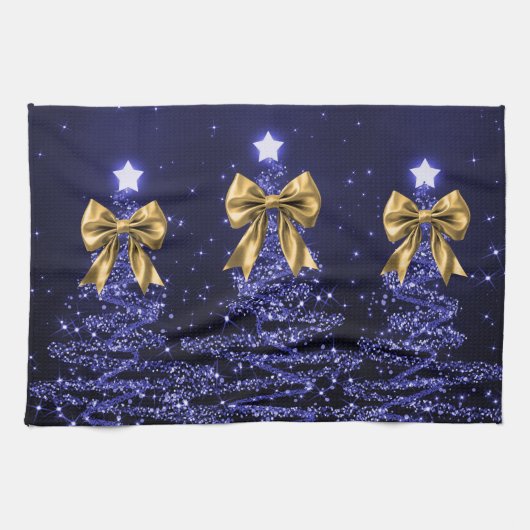 Christmas Sparkling Trees Navy Blue Faux Gold Bow  Geschirrtuch (Horizontal)