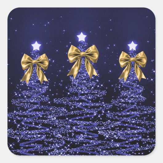 Christmas Sparkling Trees Navy Blue Faux Gold Bow  Quadratischer Aufkleber (Vorderseite)