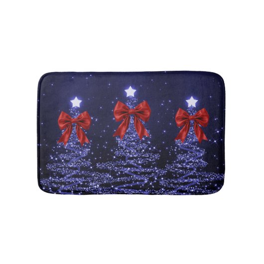 Christmas Sparkling Trees Navy Blue Faux Red Bow Badematte (Vorderseite)