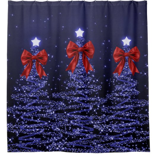 Christmas Sparkling Trees Navy Blue Faux Red Bow  Duschvorhang (Vorderseite)