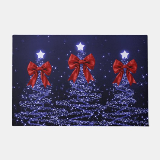 Christmas Sparkling Trees Navy Blue Faux Red Bow Fußmatte (Vorderseite)