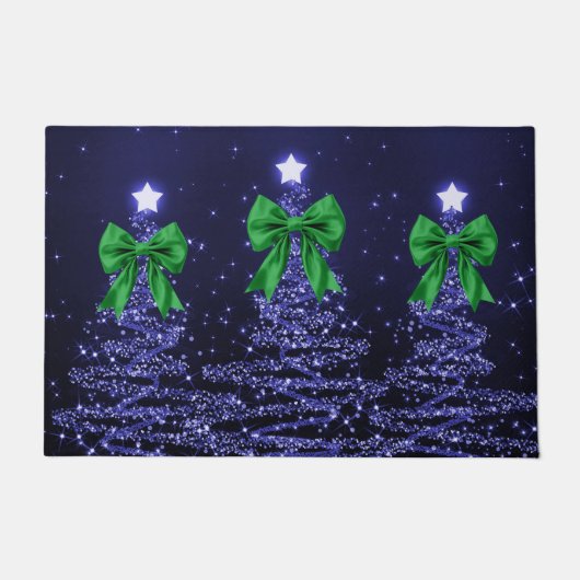 Christmas Sparkling Trees Navy Blue Green Bow  Fußmatte (Vorderseite)