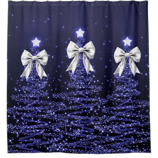 Christmas Sparkling Trees Navy Silver Faux Bow Duschvorhang (Vorderseite)