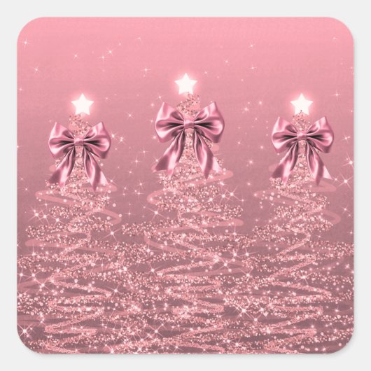 Christmas Sparkling Trees Pink Blush Faux Bow Quadratischer Aufkleber (Vorderseite)