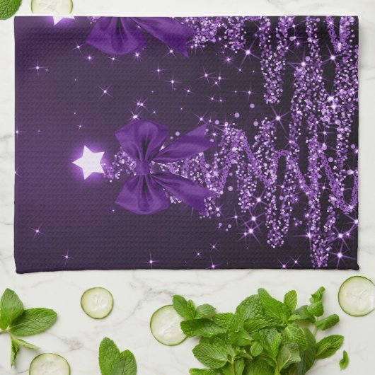 Christmas Sparkling Trees Purple Faux Bow  Geschirrtuch (Gefaltet)