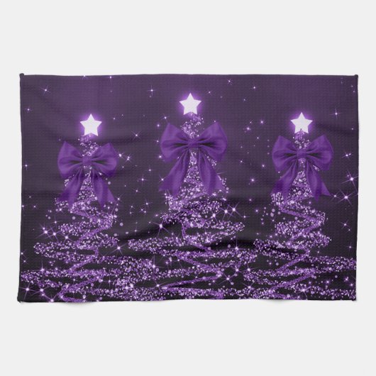 Christmas Sparkling Trees Purple Faux Bow  Geschirrtuch (Horizontal)