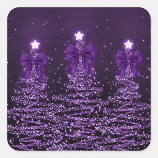 Christmas Sparkling Trees Purple Faux Bow Quadratischer Aufkleber (Vorderseite)