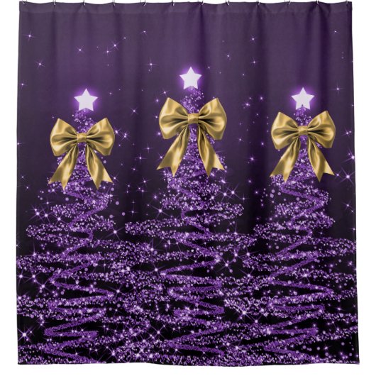 Christmas Sparkling Trees Purple Faux Gold Bow Duschvorhang (Vorderseite)