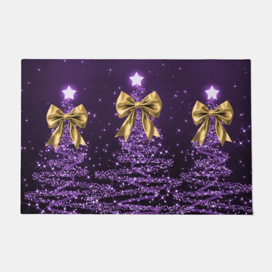 Christmas Sparkling Trees Purple Faux Gold Bow Fußmatte (Vorderseite)
