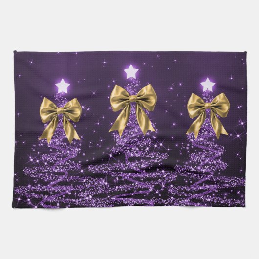 Christmas Sparkling Trees Purple Faux Gold Bow  Geschirrtuch (Horizontal)