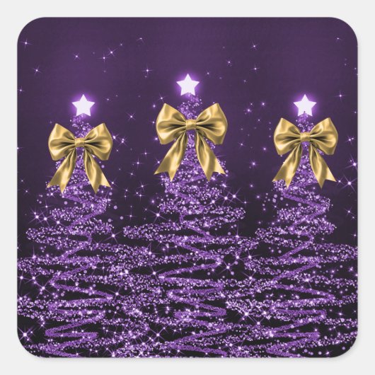 Christmas Sparkling Trees Purple Faux Gold Bow Quadratischer Aufkleber (Vorderseite)