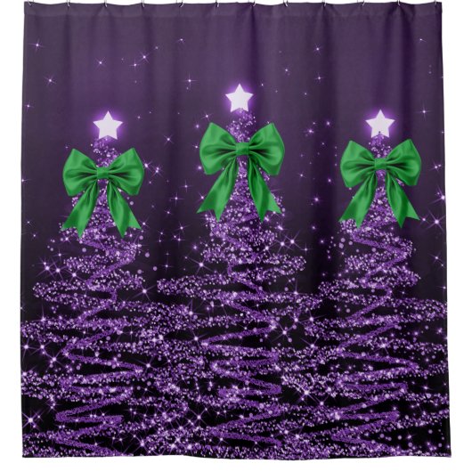 Christmas Sparkling Trees Purple Faux Green Bow Duschvorhang (Vorderseite)